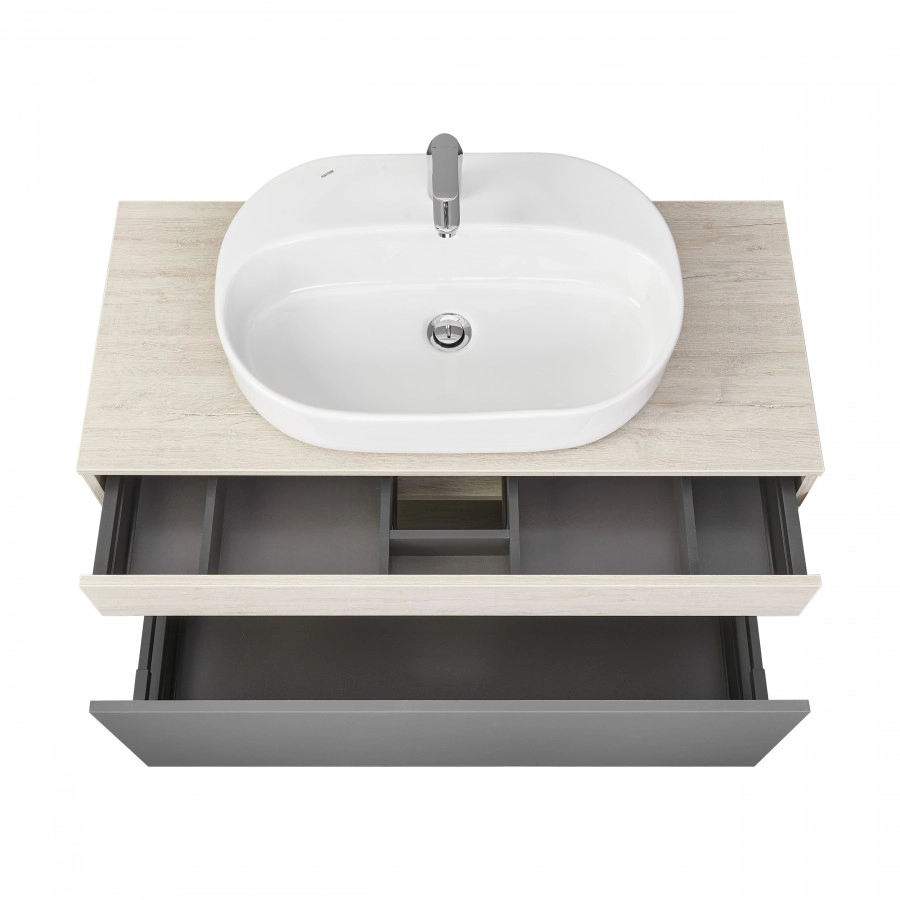 Тумба подвесная Aquaton Лофт Урбан 100 с раковиной Одри 42x62 Round, серый графит, дуб орегон
