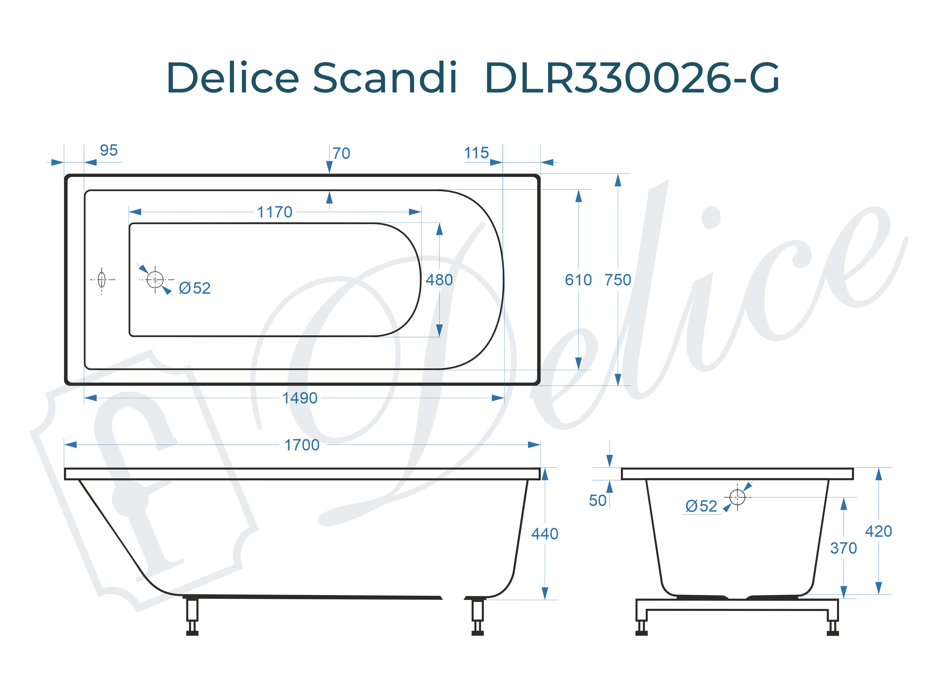 Ванна из литьевого мрамора Delice Scandi 170х75 глянцевая DLR330026-G