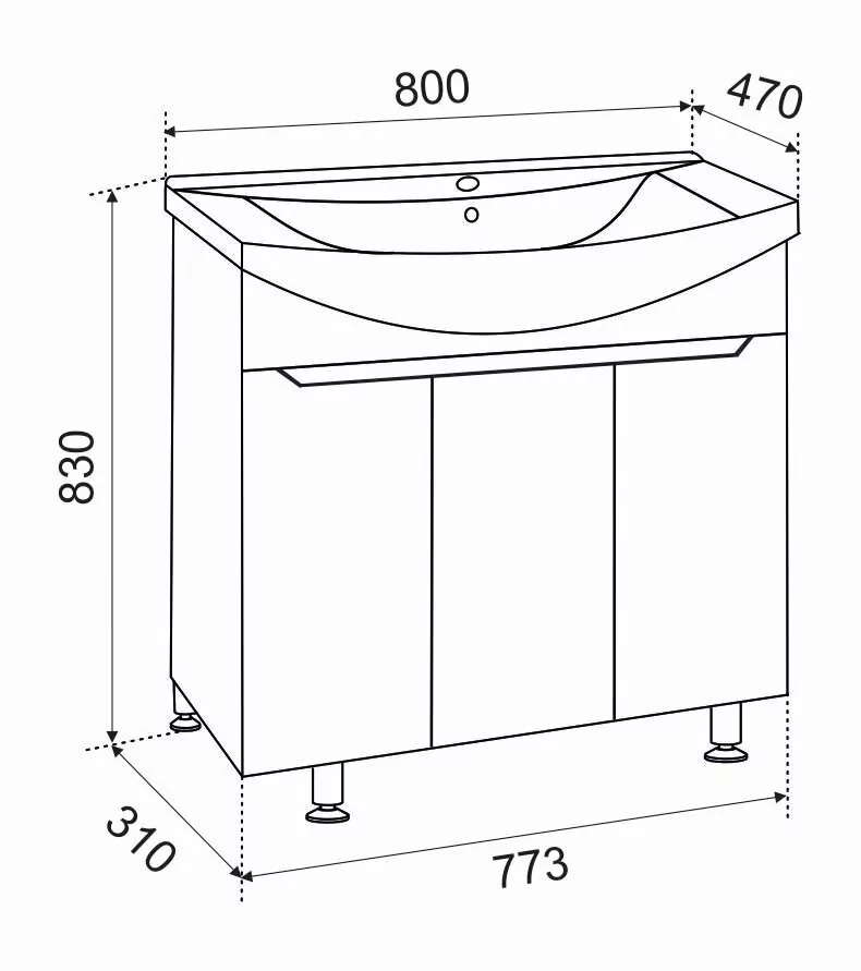 Тумба Emmy Агата с раковиной Балтика 80 напольная, 3 двери, белая