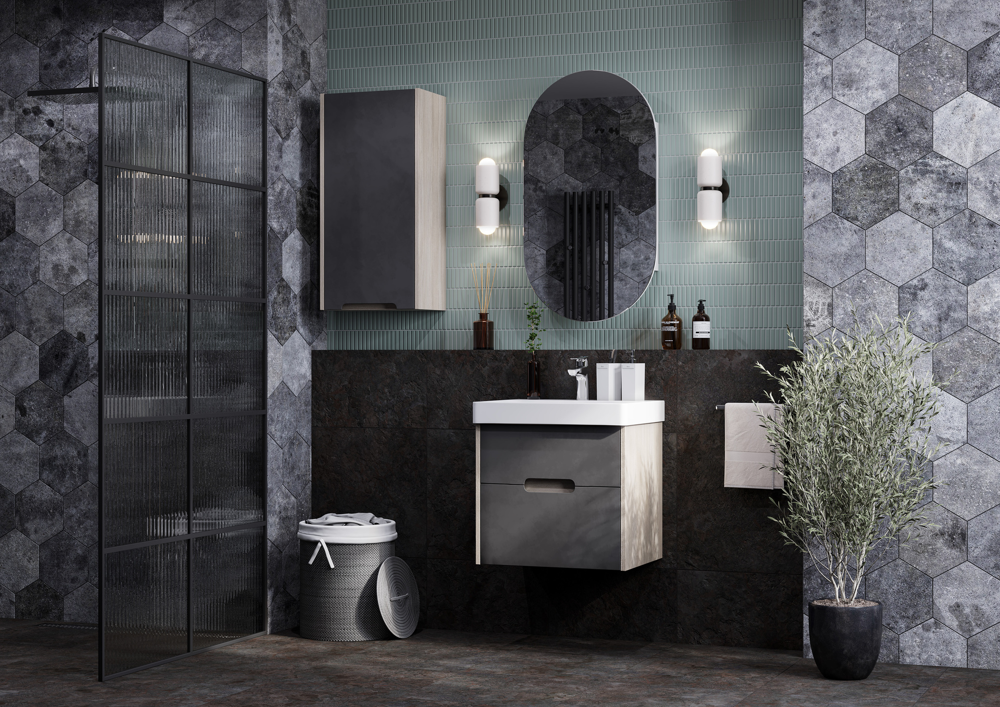 Тумба Aquaton Оливия 55 с раковиной Адриана 55 подвесная, 2 ящика, грей, дуб ойстер