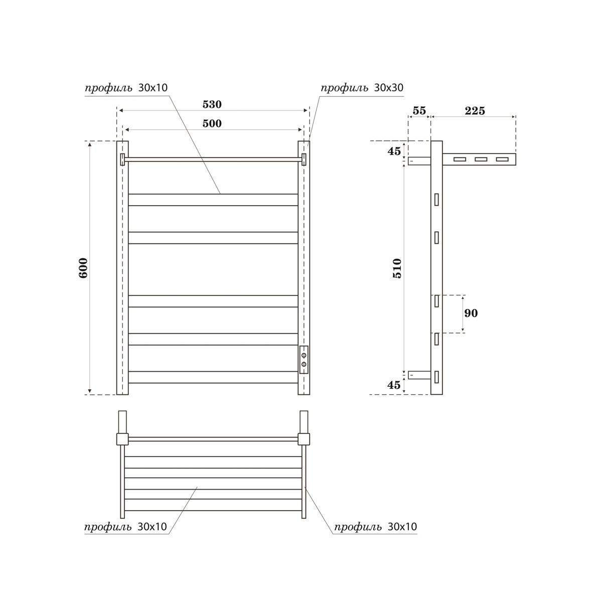 Полотенцесушитель электрический APEXTERMO Terra TR01165BM 600x500 с полкой, черный матовый