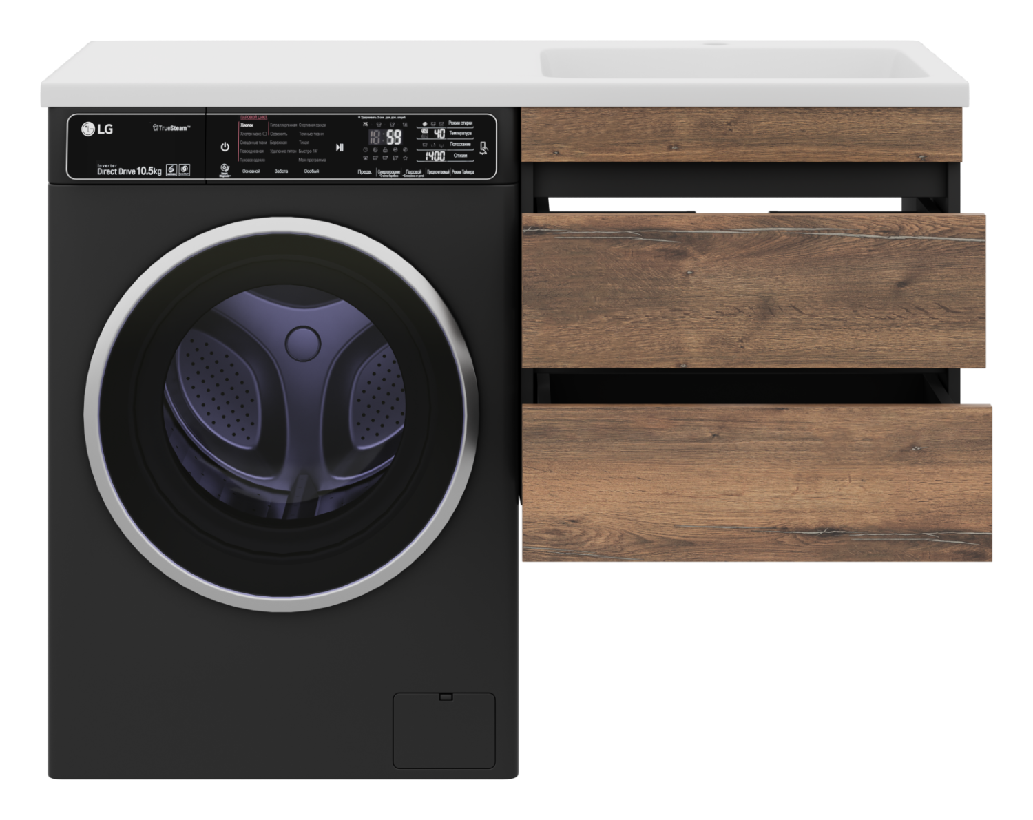 Тумба с раковиной Misty Коломбо 60 под стиральную машину подвесная с раковиной Эстет Даллас 120 R, дуб галифакс/антрацит