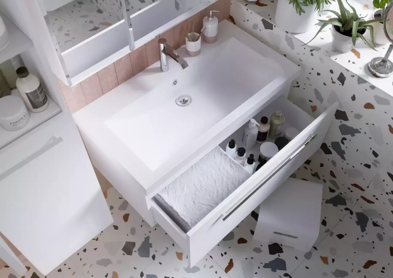 Тумба подвесная 1Marka Соната 90П с раковиной Нота New Polytitan 90, 1 ящик, белый