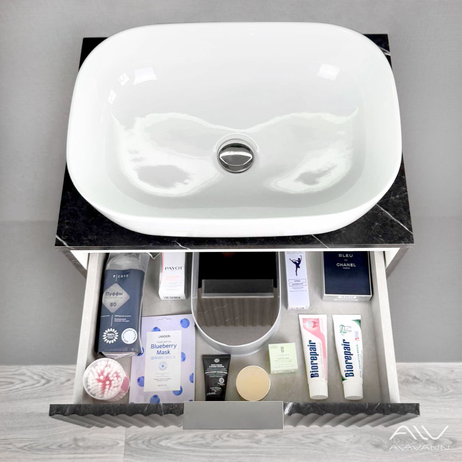 Тумба подвесная Alavann Anna 60 с раковиной Moduo 50 SQUARE, черный мрамор