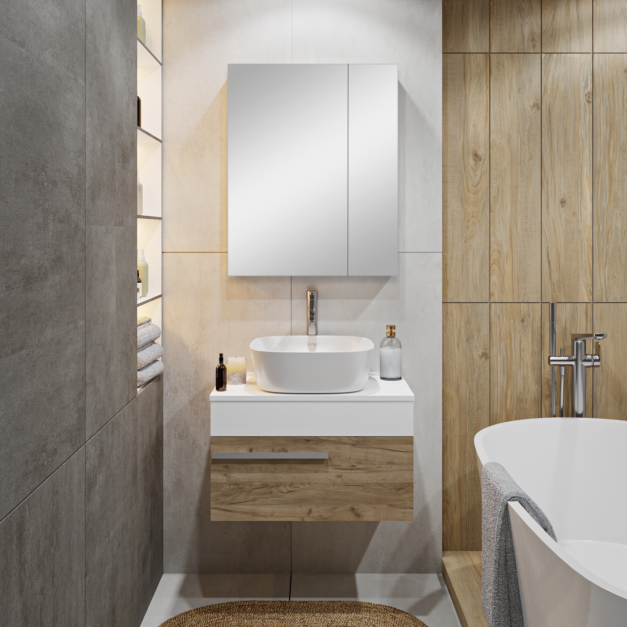 Тумба подвесная Runo Вудлайн 65 крафтовый дуб/белый под накладную раковину