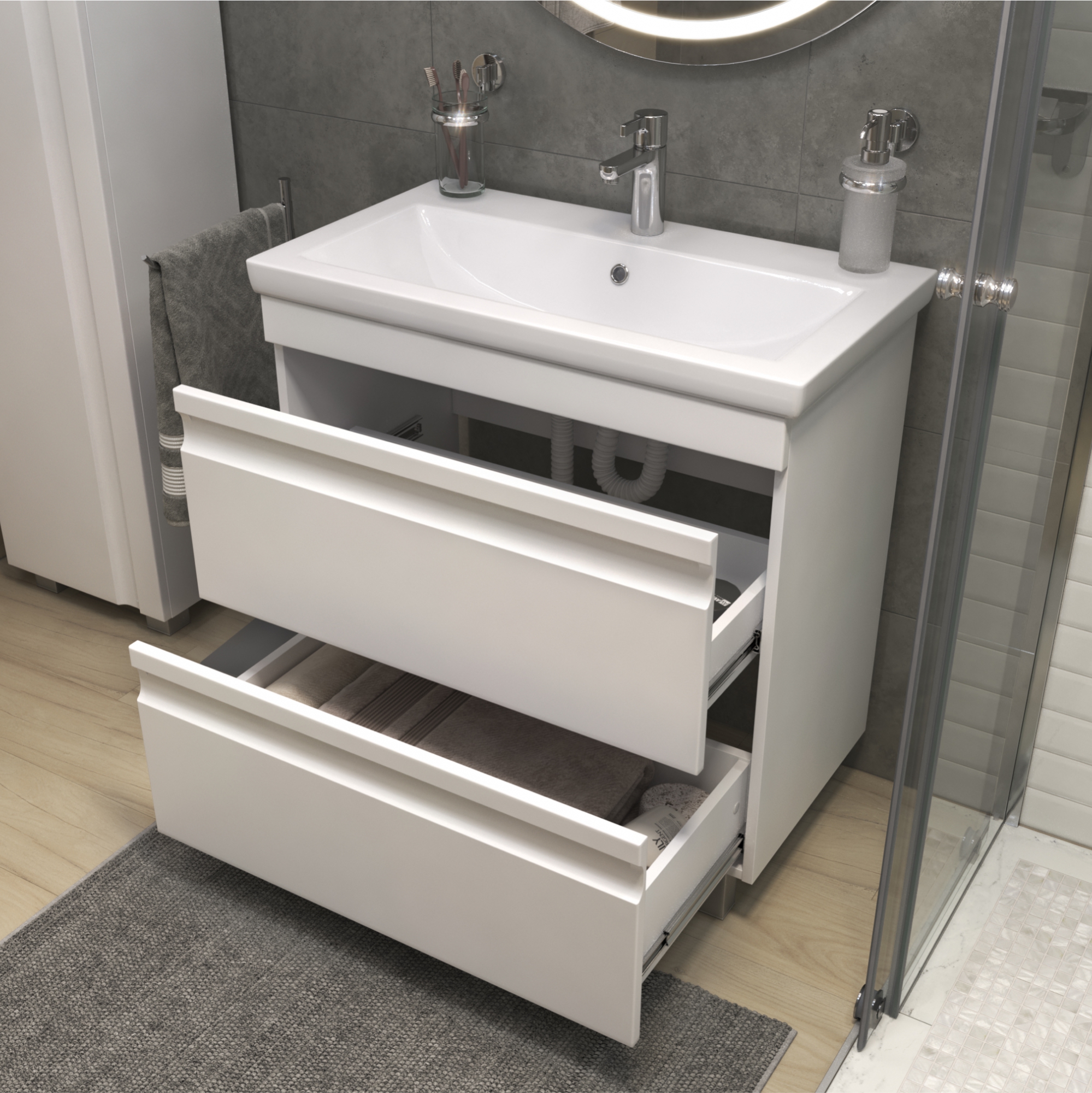 Тумба напольная Vigo Holly 80 с раковиной Como 80, 2 ящика, белый