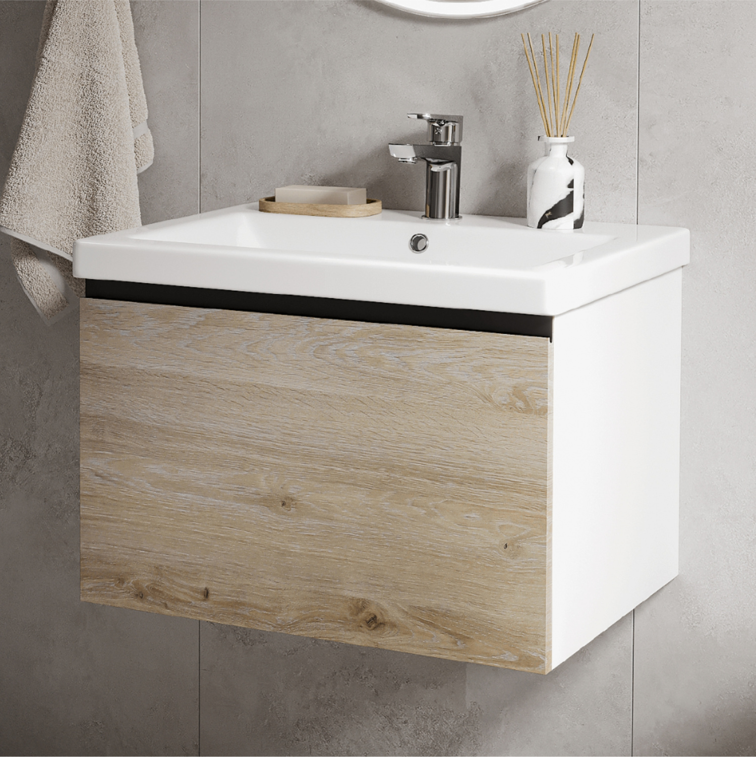 Тумба подвесная Vigo Cross 600-0-1 с раковиной Como 60, 1 ящик, дуб давос/белый