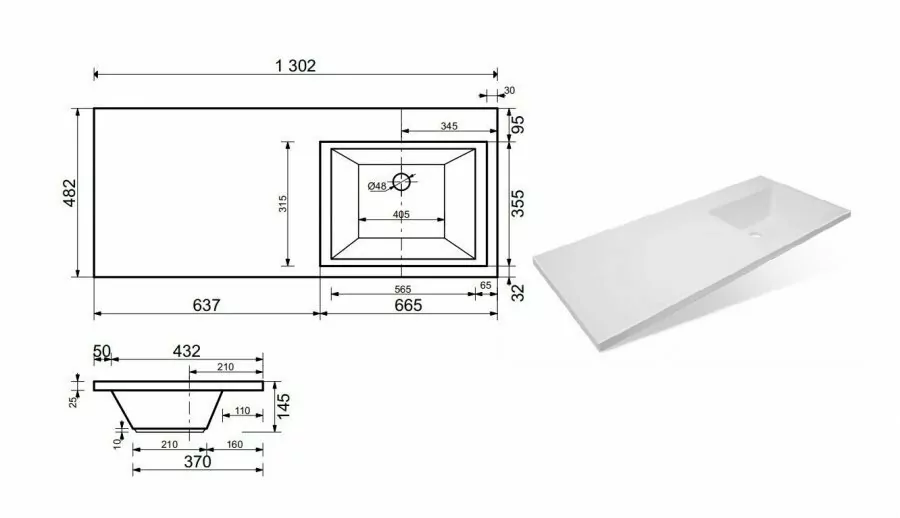 Тумба напольная Style Line Даллас 130 Люкс Plus ПВХ с раковиной Даллас 130 под стиральную машину, три ящика, правая, белая