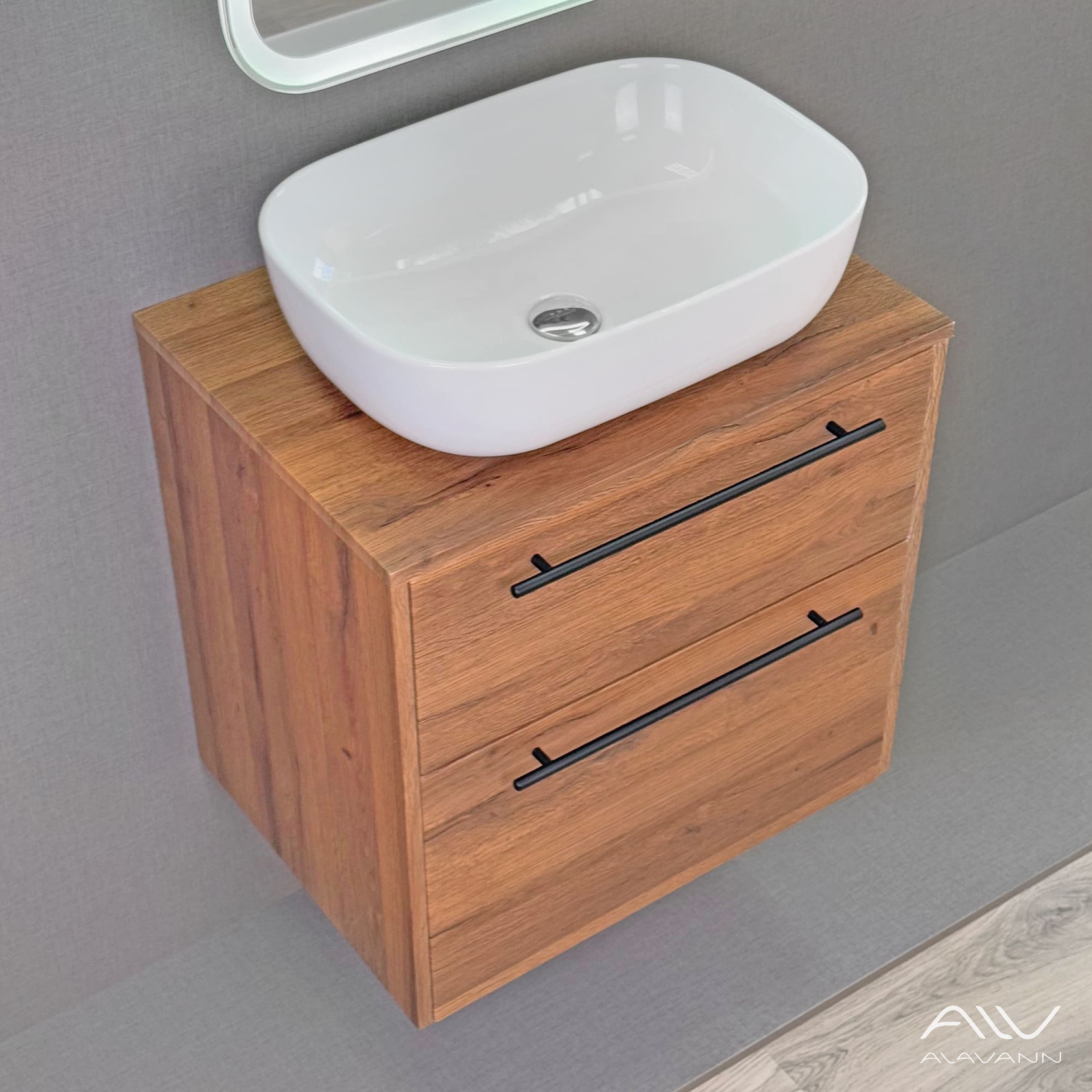 Тумба подвесная Alavann Rondo 60 с раковиной Moduo 50 SQUARE, дуб