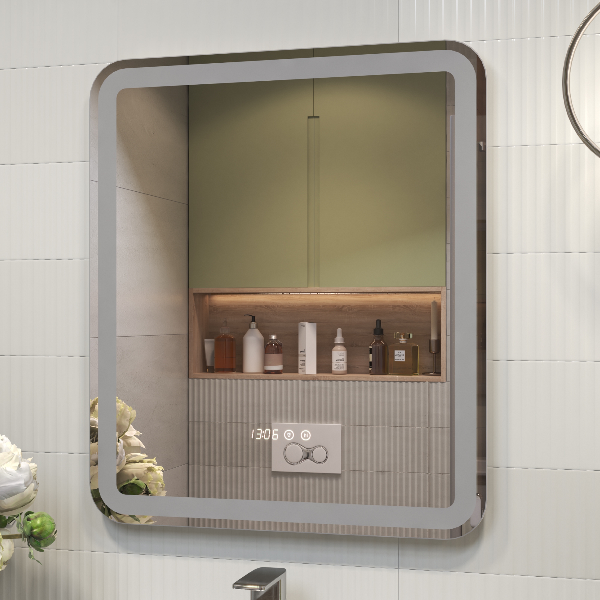 Зеркало Grani Luxe 60 с часами, свет, сенсор, белый