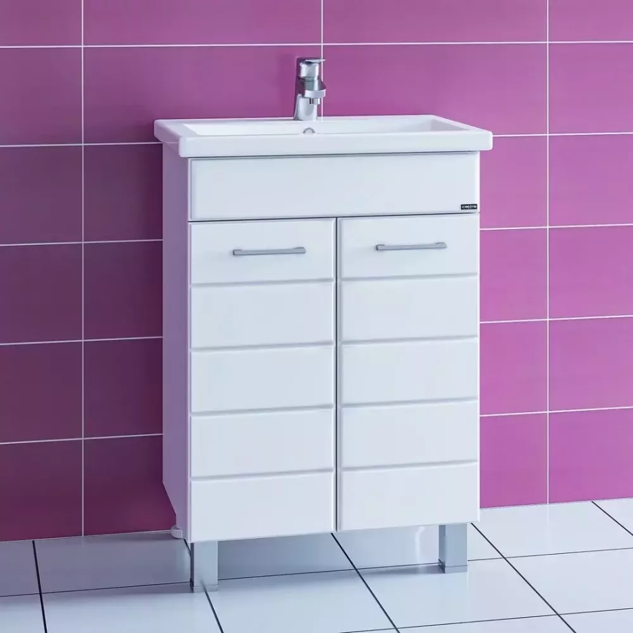 Тумба напольная Санта Омега 60 с раковиной Фостер 60, две двери, белая