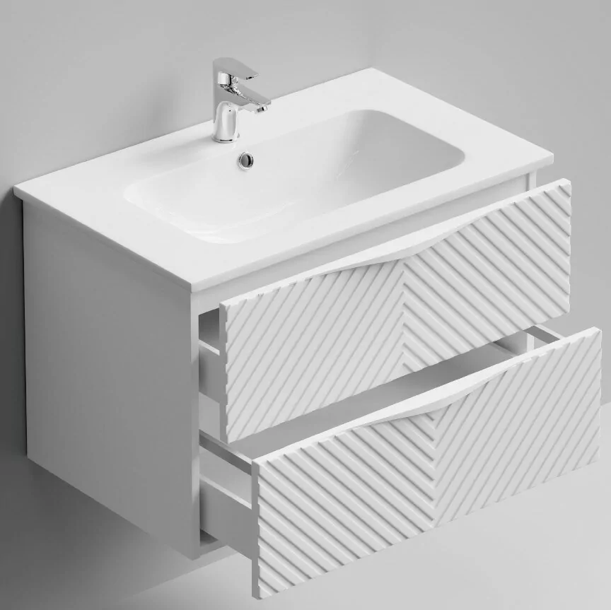 Тумба с раковиной Vod-ok Elite Эйфория 80 F4 елка крупная с ручкой, подвесная, два ящика, белый матовый