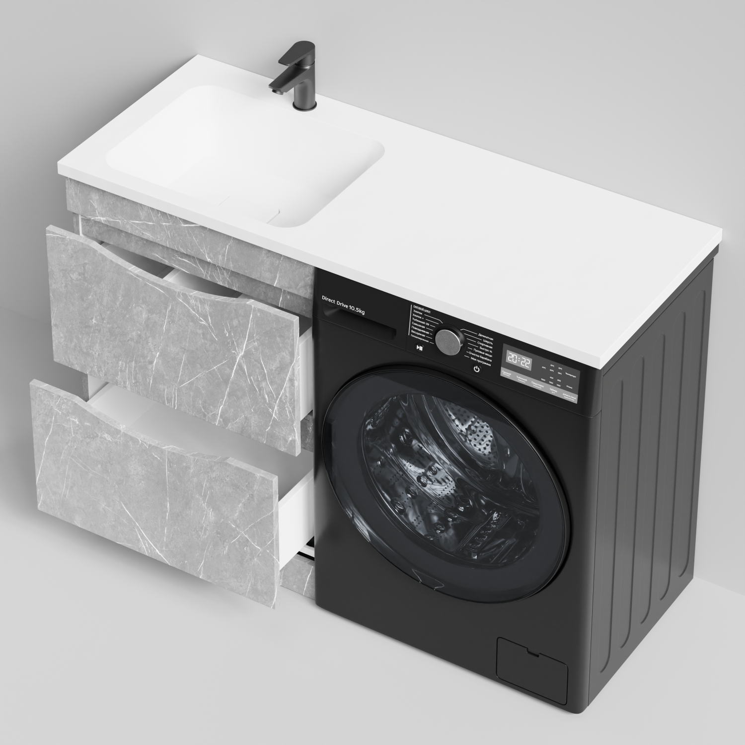 Тумба Vod-ok 58 с раковиной Смайл 120 напольная, под стиральную машину, левая, Мрамор Белый софт тач