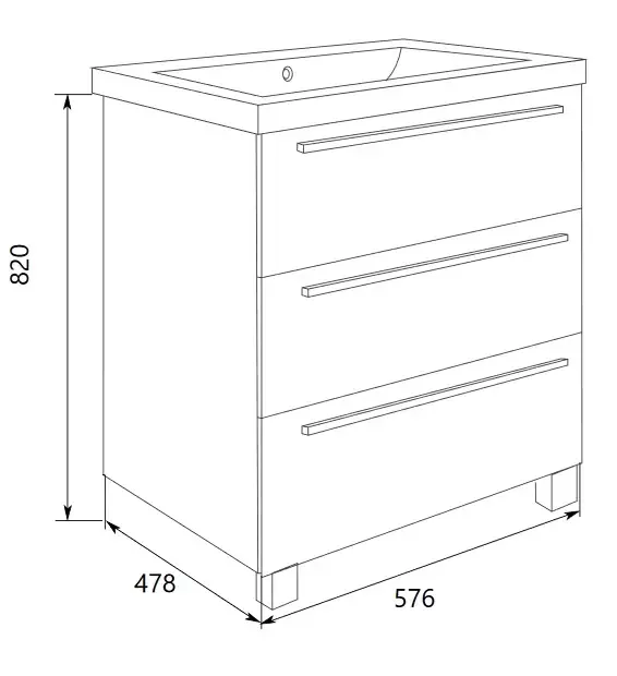 Тумба напольная 1Marka Соната 58Н с раковиной Нота New Polytitan 58, 3 ящика, белый