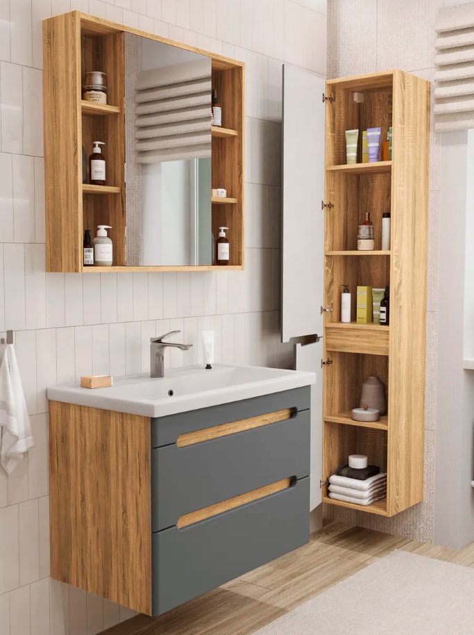 Тумба подвесная SanStar Diva 80 с раковиной Фостер 80, дуб вотан, графит софт