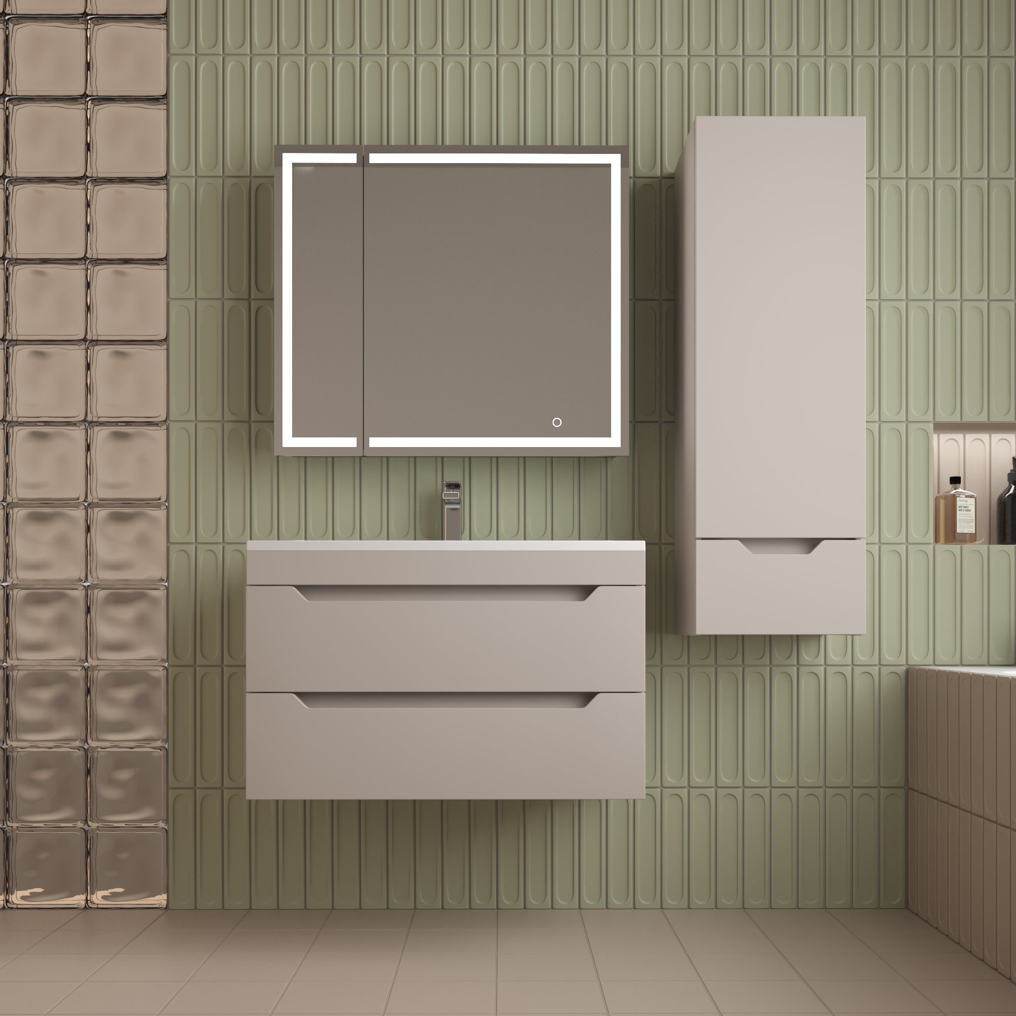 Тумба подвесная Style Line Остин 80 с раковиной Фортуна 80 кварц жасмин, крем