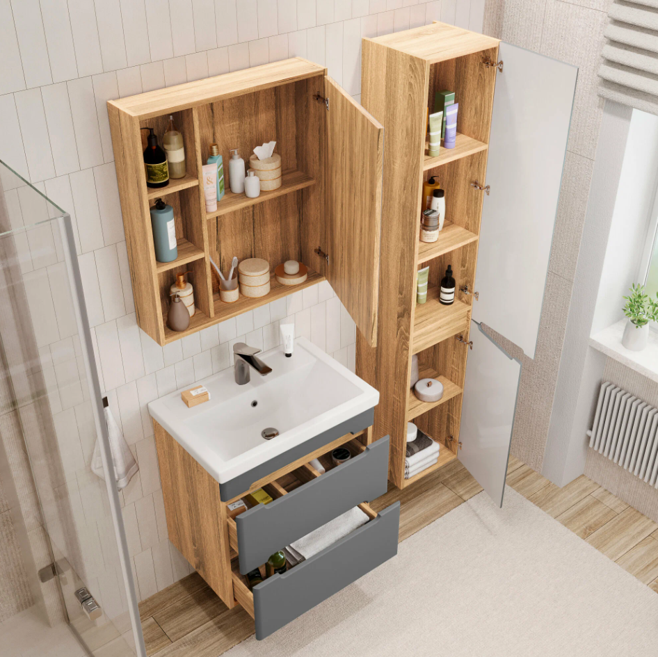 Тумба подвесная SanStar Diva 50 с раковиной Фостер 50, дуб вотан, графит софт