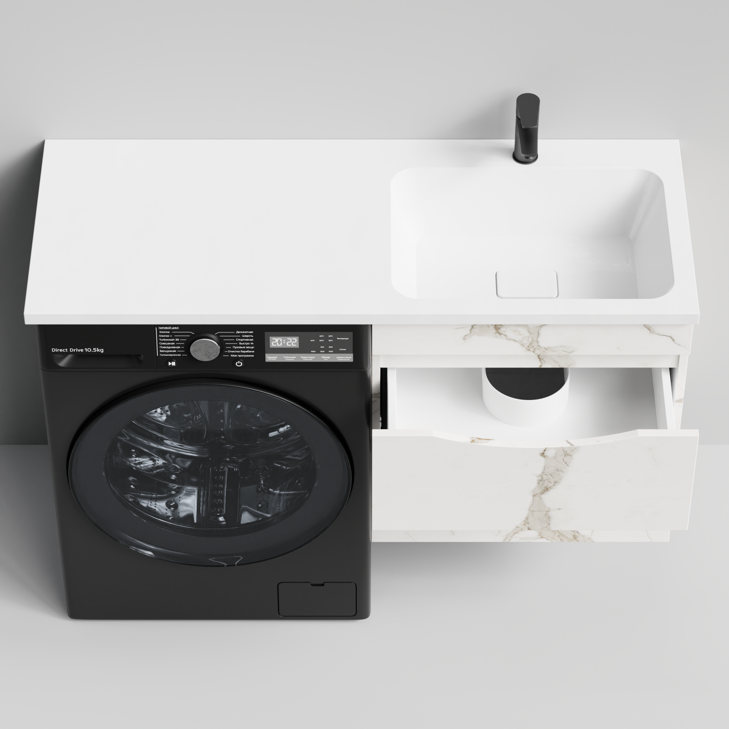 Тумба Vod-ok 58 с раковиной Смайл 120 подвесная, под стиральную машину, правая, Мрамор Белый натур милк