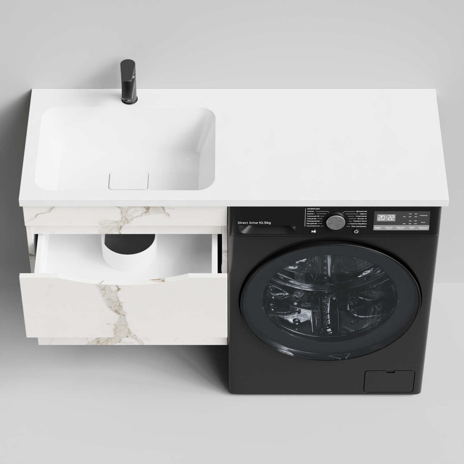 Тумба Vod-ok 58 с раковиной Смайл 120 подвесная, под стиральную машину, левая, Мрамор Белый натур милк