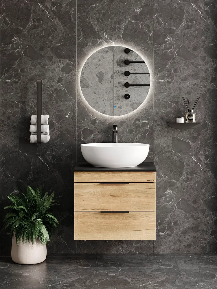 Тумба подвесная Onika Легран 60 с черной столешницей, дуб галифакс