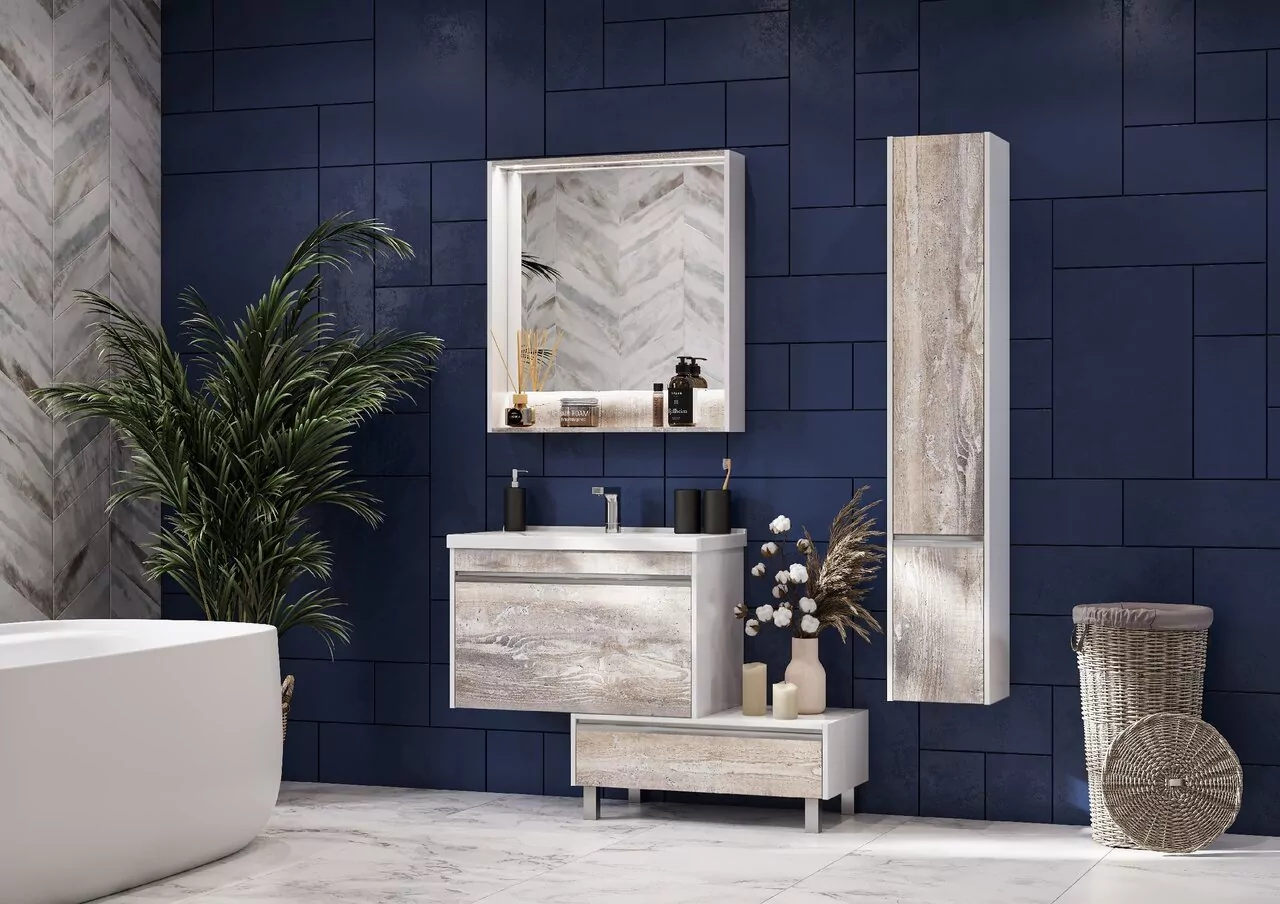 Тумба подвесная Aquaton Капри 80 раковиной Миранда 80, бетон пайн