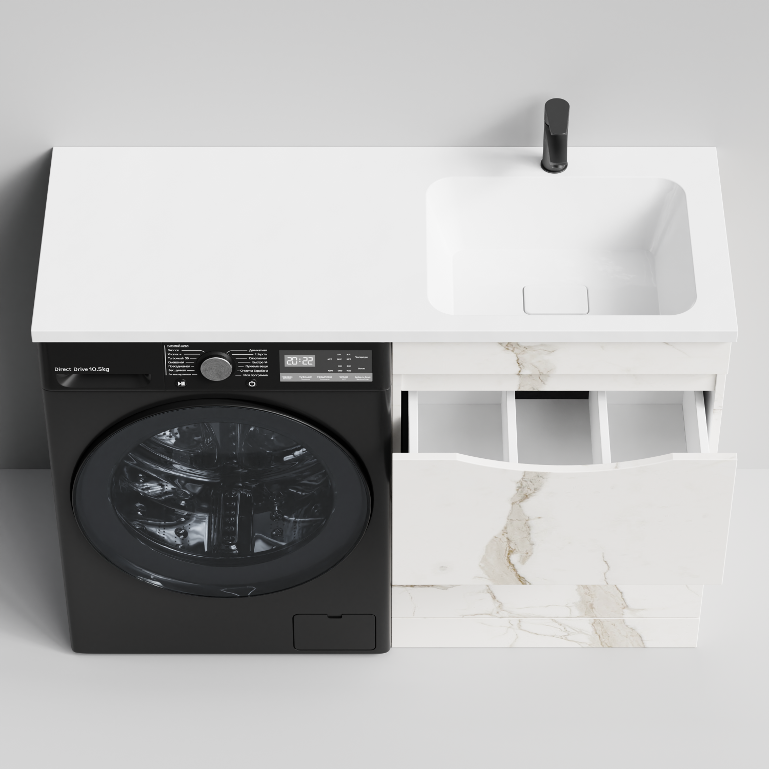 Тумба Vod-ok 58 с раковиной Смайл 120 напольная, под стиральную машину, правая, Мрамор Белый натур милк