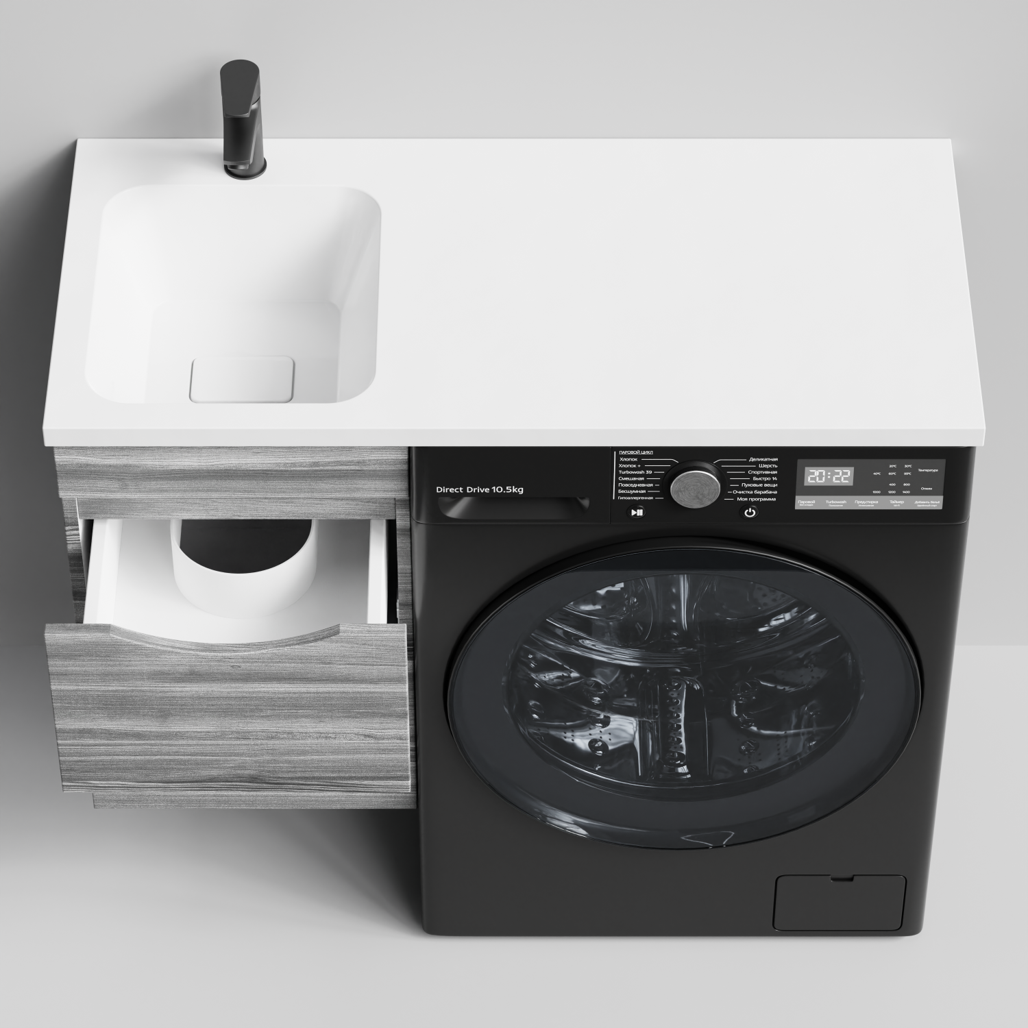 Тумба Vod-ok 38 с раковиной Смайл 100 подвесная, под стиральную машину, левая, Лиственница структурная контрастно-серая