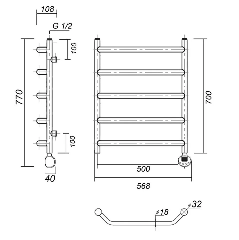 Полотенцесушитель электрический Domoterm Лаура П5 500х700 ER правый, хром
