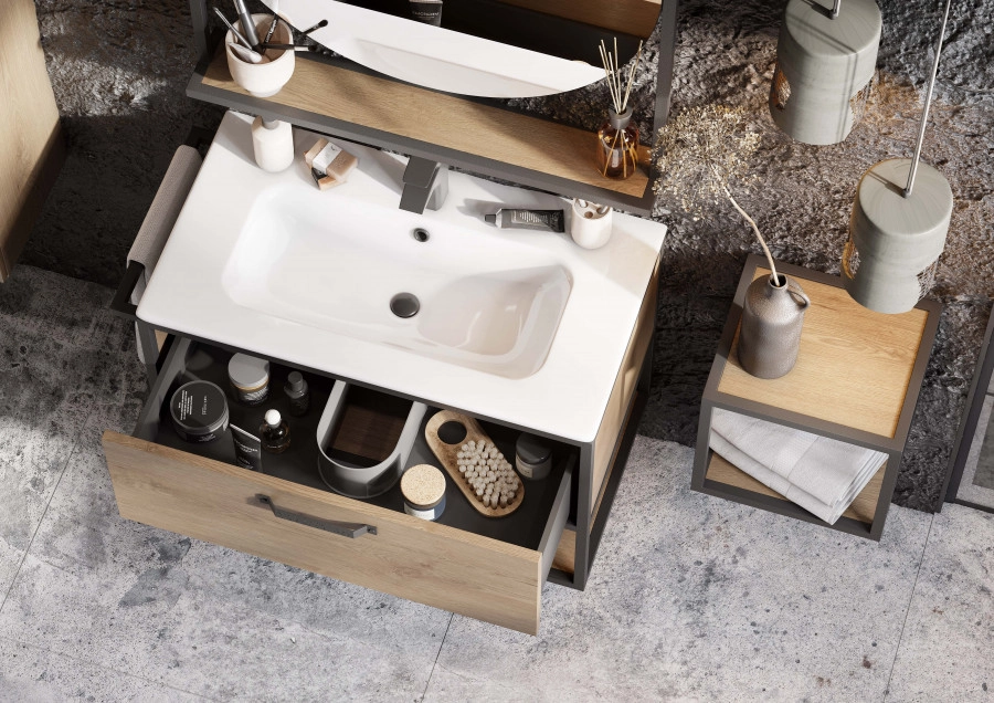 Тумба подвесная Aquaton Лофт Фабрик 80 с раковиной VICTORIA-N 80х46, дуб кантри