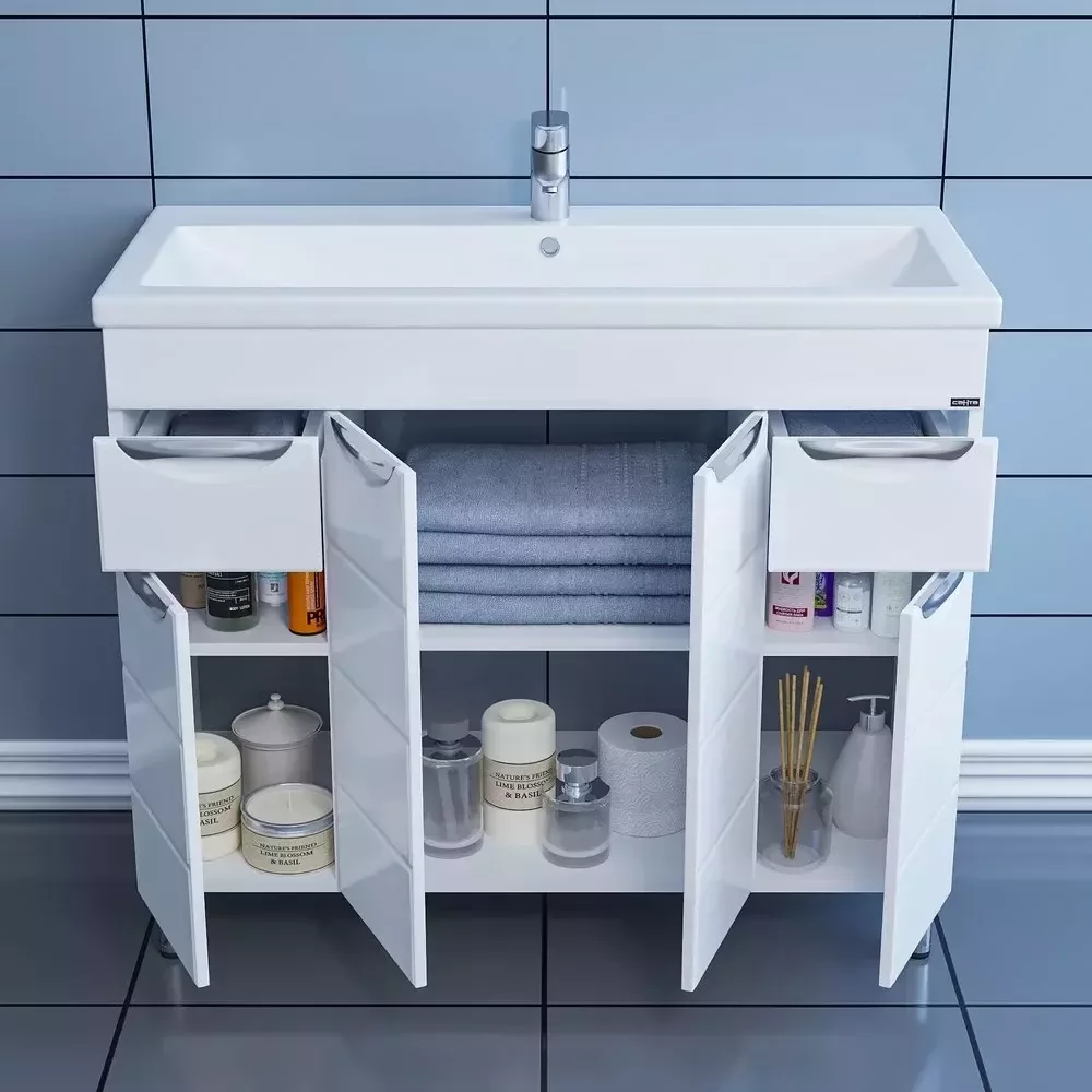 Тумба напольная Санта Родос 100 с раковиной Фостер 100, белая