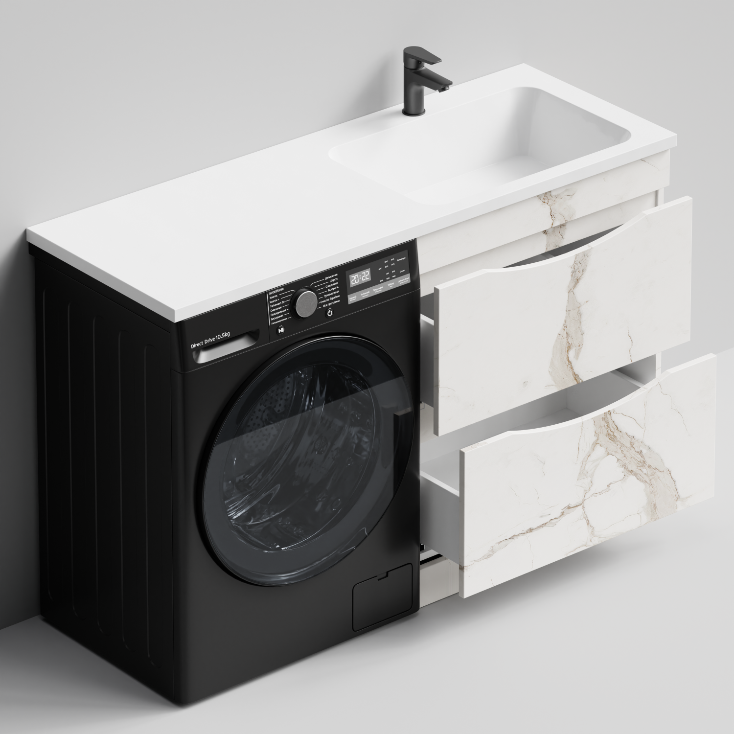 Тумба Vod-ok 68 с раковиной Смайл 130 напольная, под стиральную машину, правая, Мрамор Белый натур милк