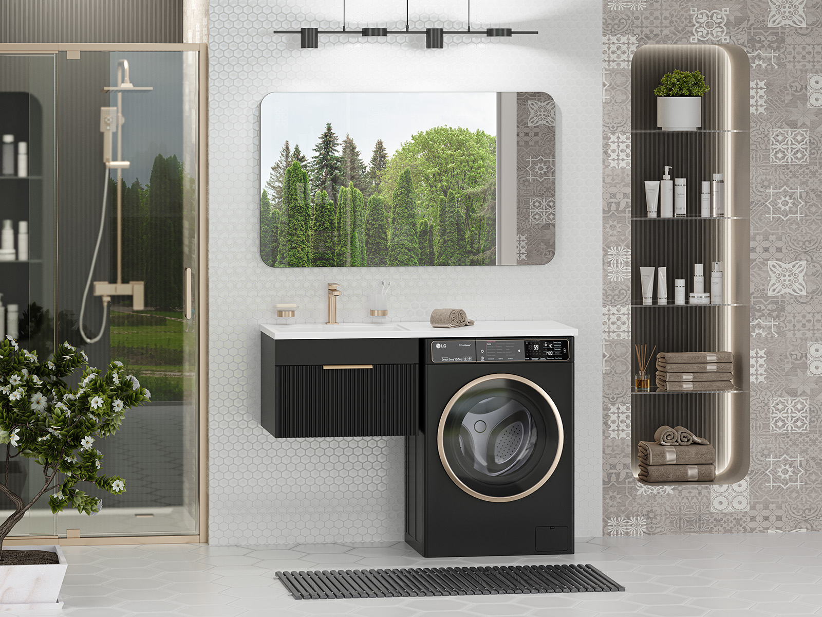 Тумба с раковиной Brevita Enfida 60 под стиральную машину подвесная, с раковиной Эстет Даллас 120 L, черный