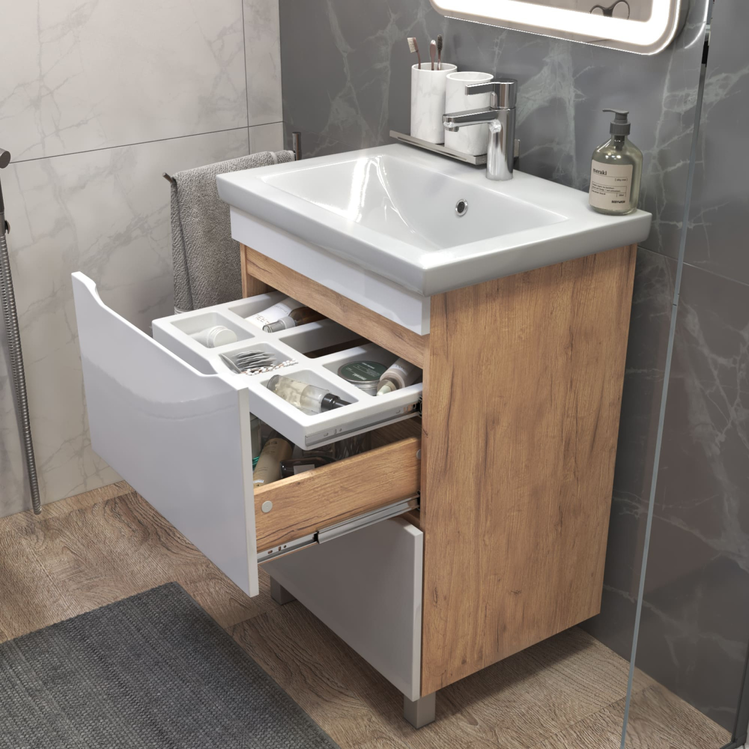 Тумба напольная Vigo Grani 600-0-2 с раковиной Элина 60, 2 ящика, дуб золотой