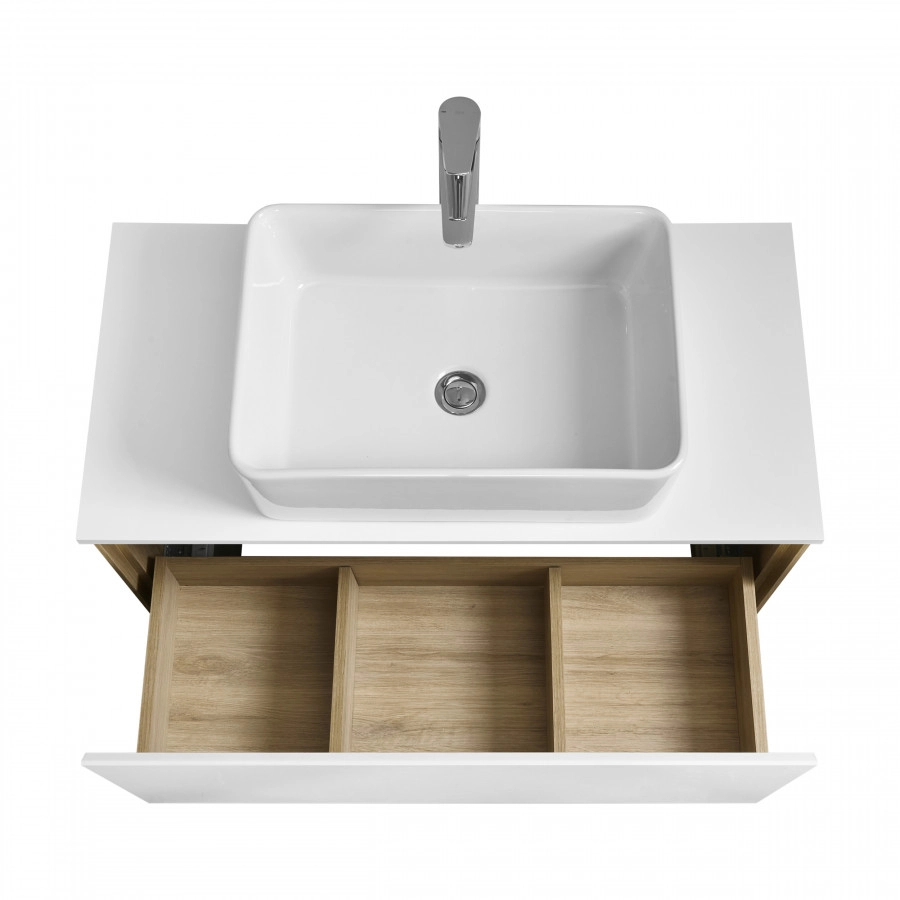 Тумба подвесная AQUATON Либерти 90, столешница белая, раковина MILA 50х35, дуб эльвезия