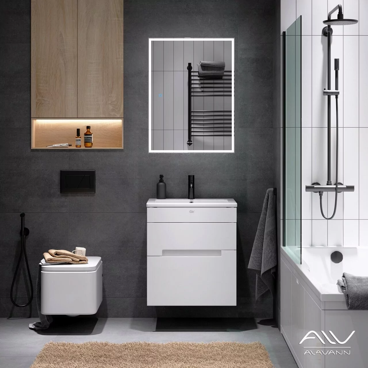 Тумба подвесная Alavann Rita 60 с раковиной Quadro 60, белый