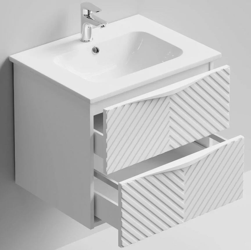 Тумба с раковиной Vod-ok Elite Эйфория 60 F4 елка крупная с ручкой, подвесная, два ящика, белый матовый