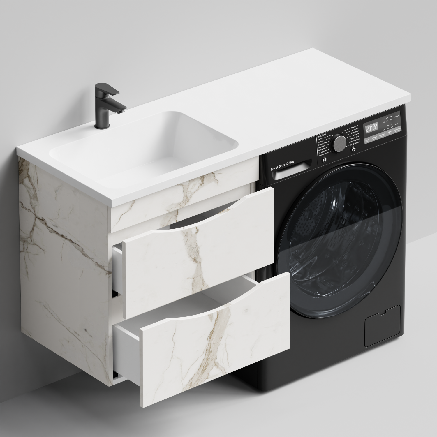 Тумба Vod-ok 58 с раковиной Смайл 120 подвесная, под стиральную машину, левая, Мрамор Белый натур милк
