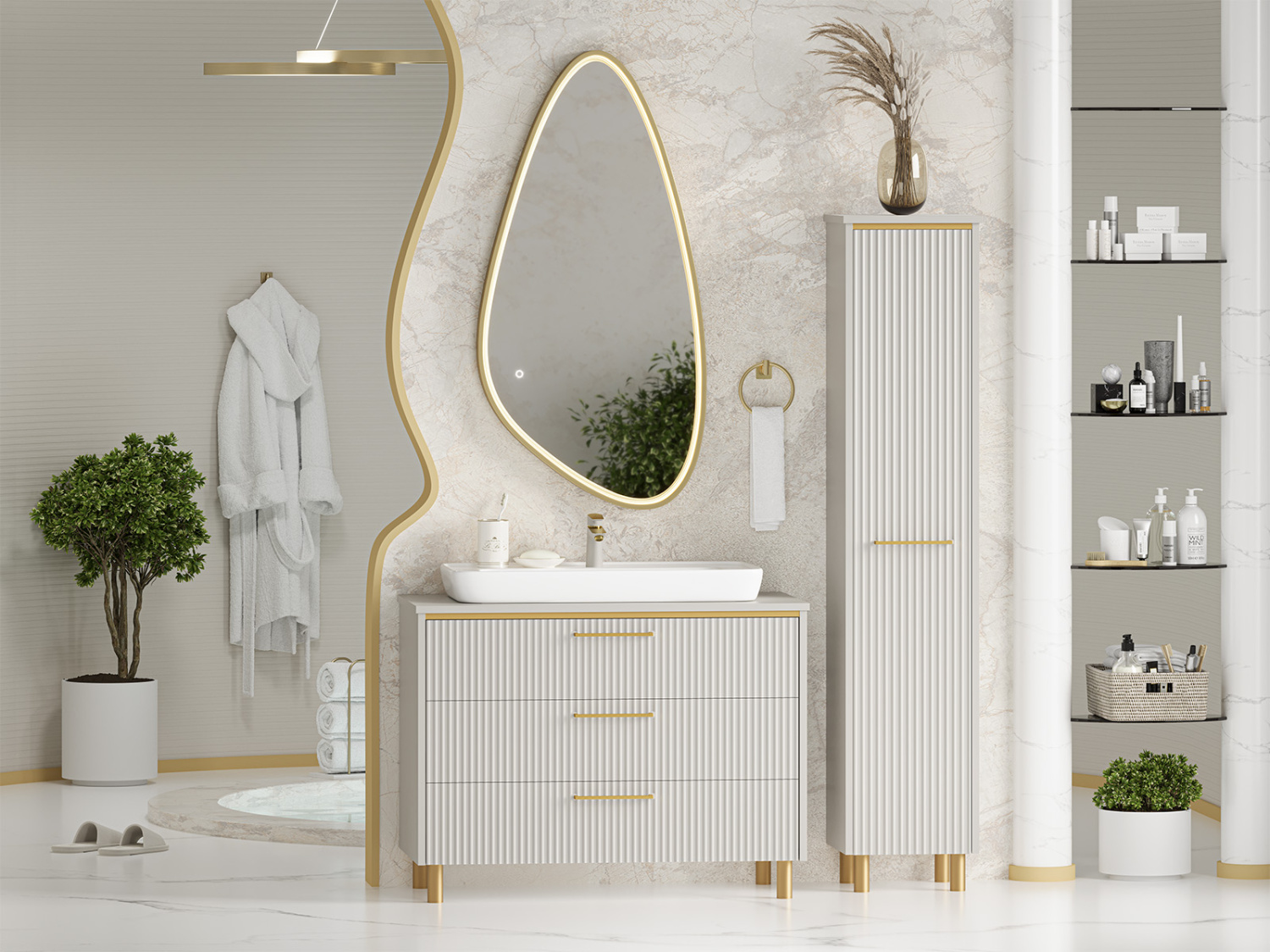 Пенал Brevita Elche 35 напольный/подвесной, R, серый кашемир/золото