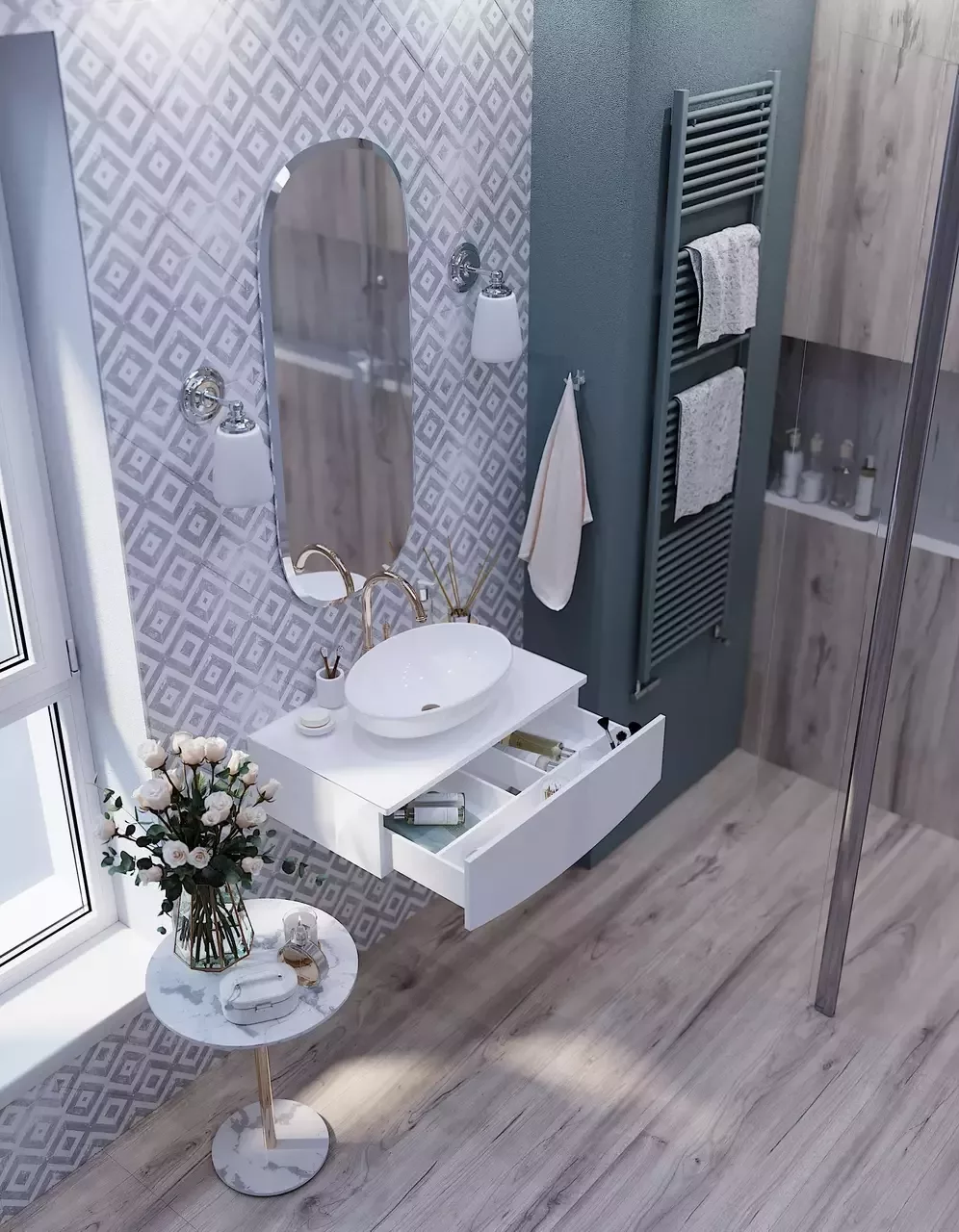 Тумба подвесная 1Marka Nega 60П с накладной раковиной Roll 53, 1 ящик, белый