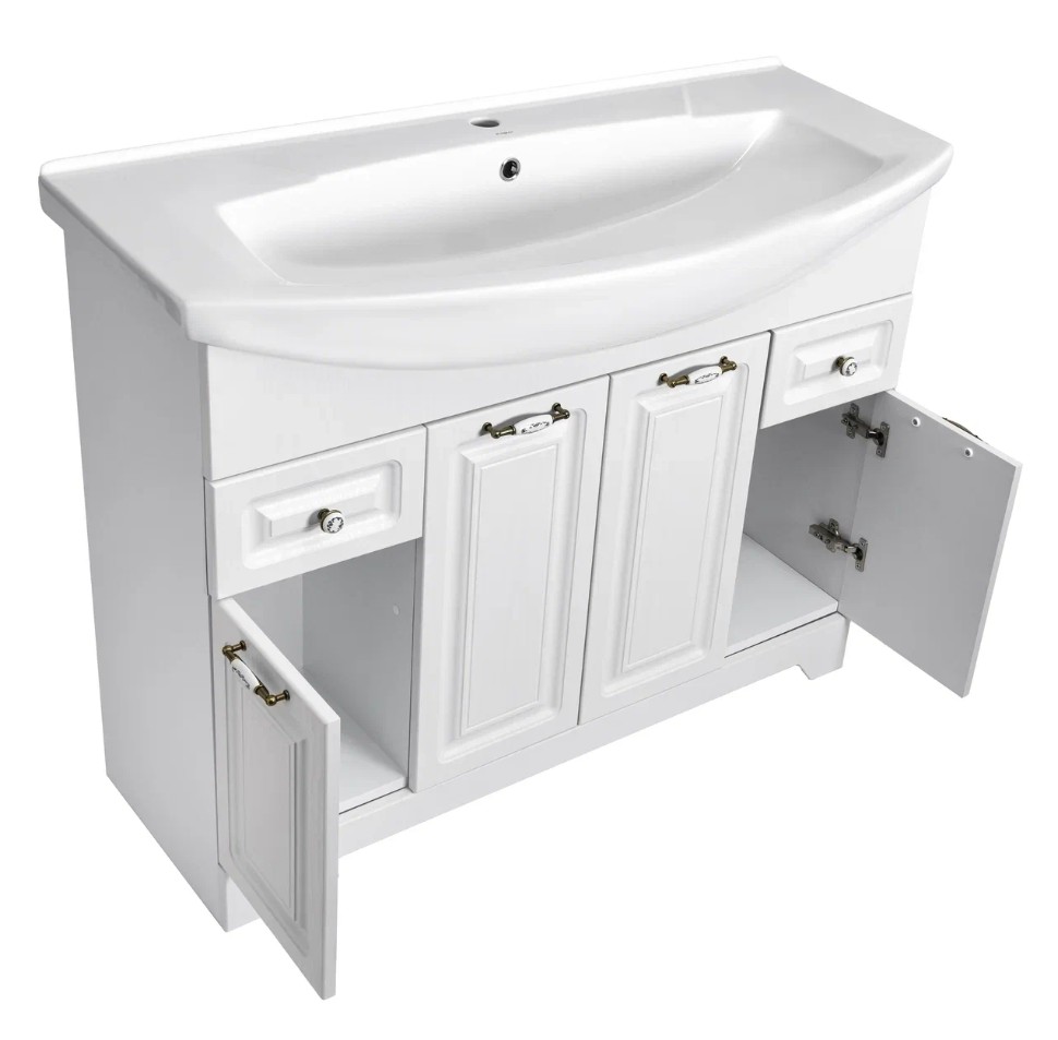 Тумба напольная Stella Polar Кармела 105 с раковиной Элеганс 105, 2 ящика, 4 двери, ольха белый