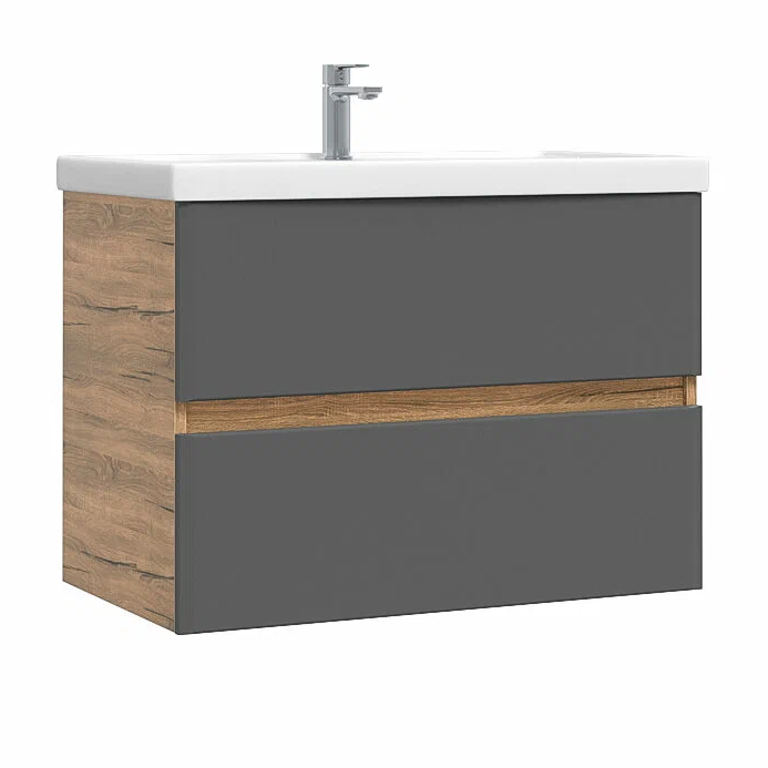 Тумба подвесная SanStar Graffa 70 с раковиной Фостер 70 Дуб вотан, графит софт