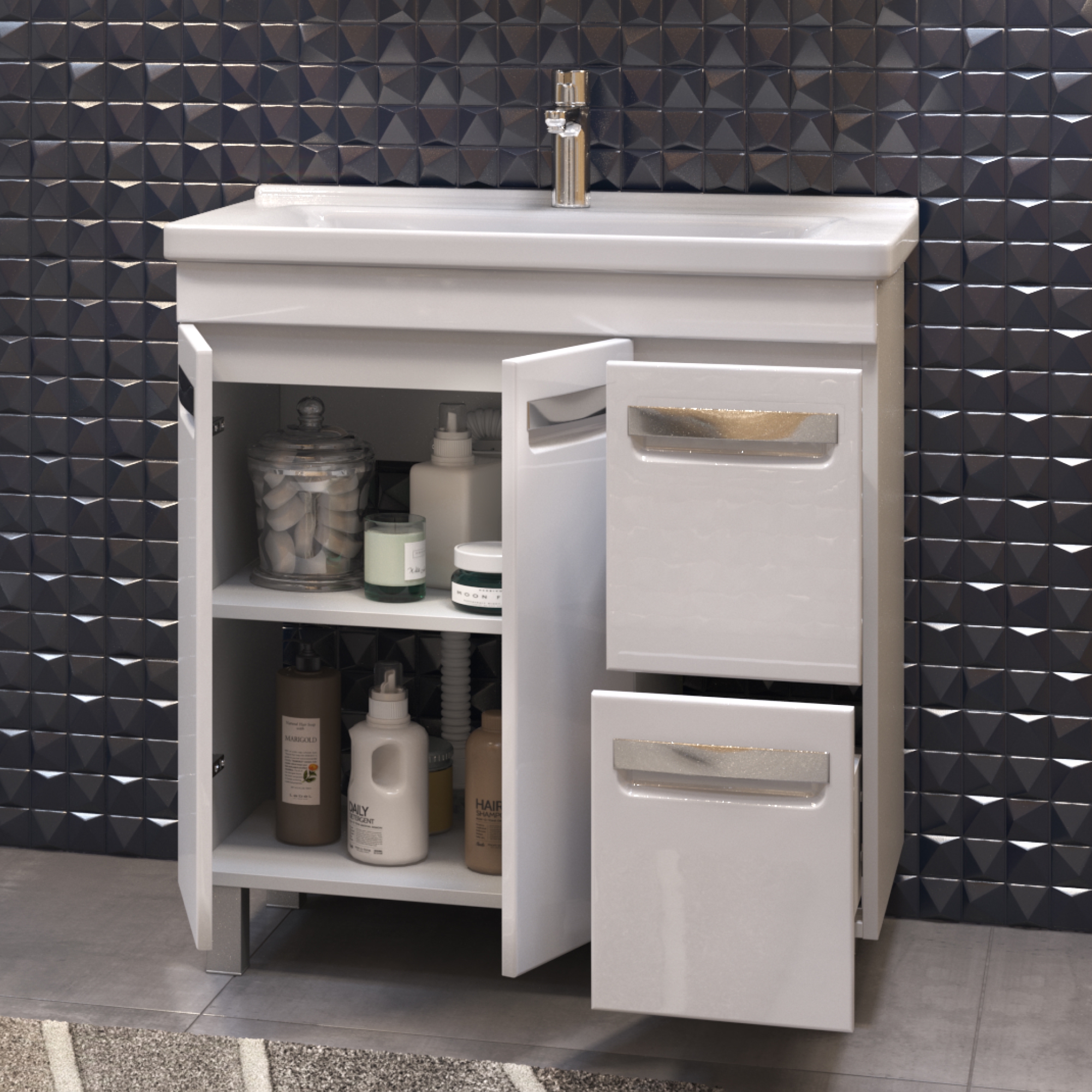 Тумба напольная Vigo Plaza 80 с раковиной Фостер 80, 2 ящика, 2 двери, белый