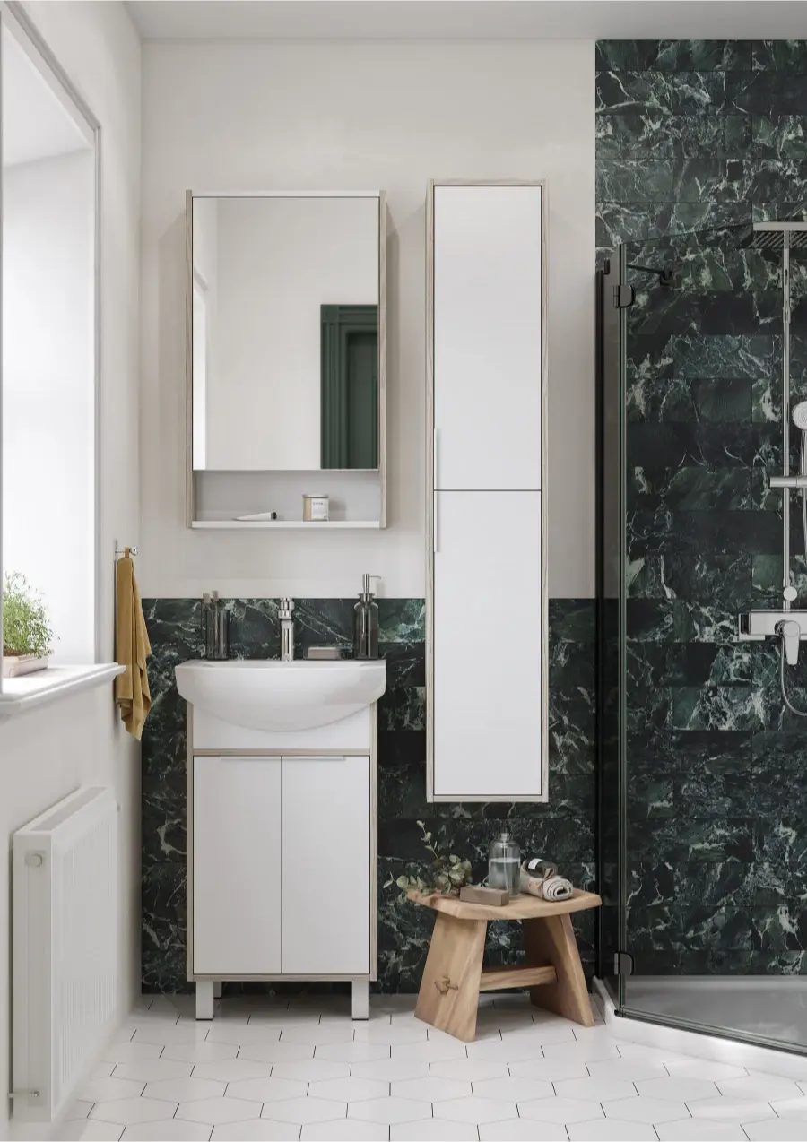 Тумба с раковиной Aquaton Рико 50 с раковиной Смайл 50 напольная, белый/ясень фабрик