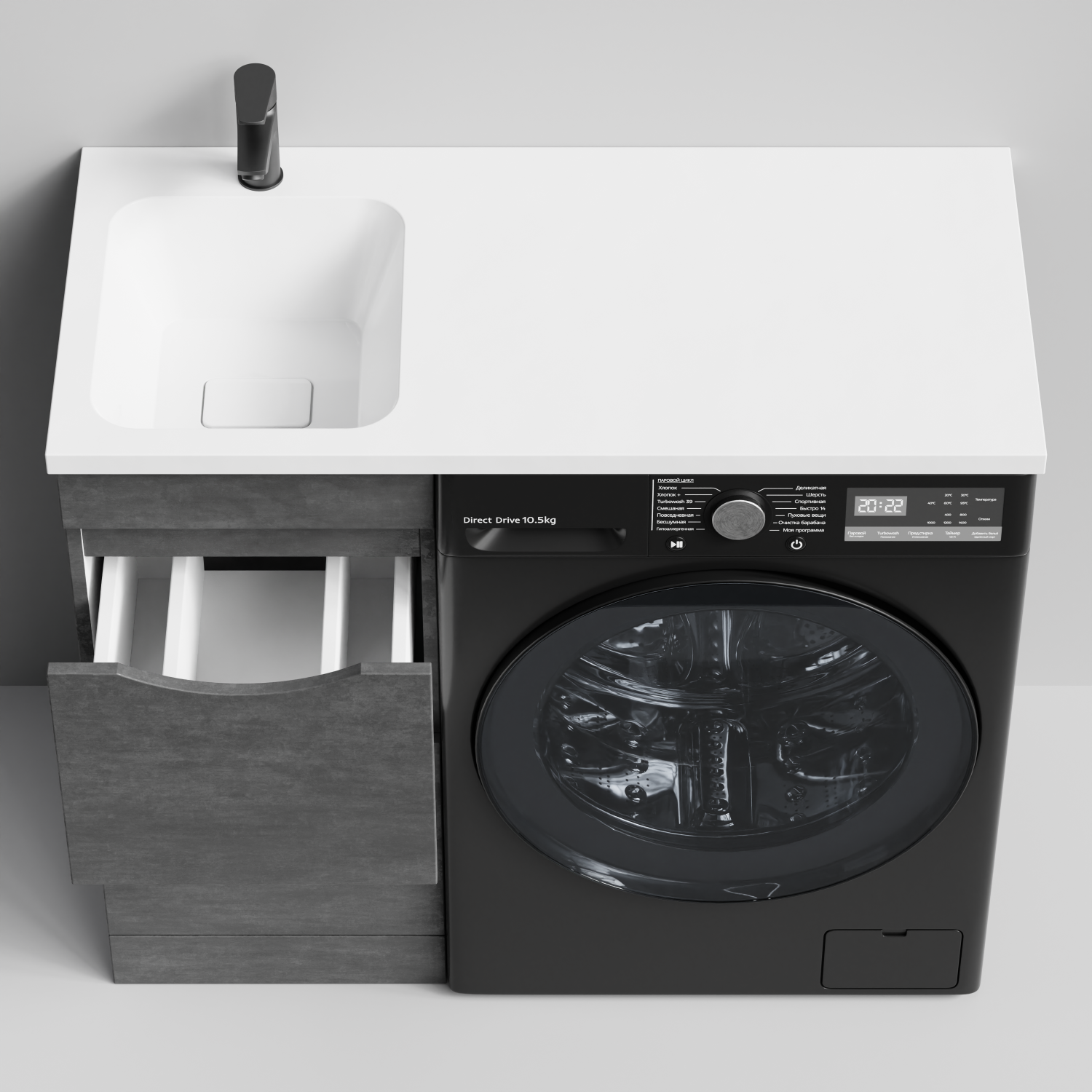 Тумба Vod-ok 38 с раковиной Смайл 100 напольная, под стиральную машину, левая, Серый камень