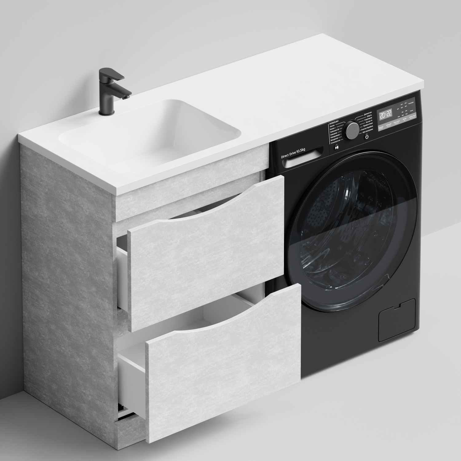 Тумба Vod-ok 58 с раковиной Смайл 120 напольная, под стиральную машину, левая, Белый камень