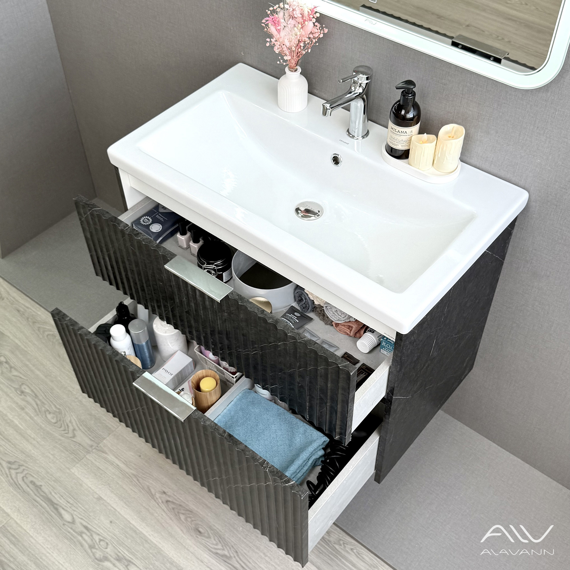 Тумба подвесная Alavann Anna 80 с раковиной Como 80, черный мрамор