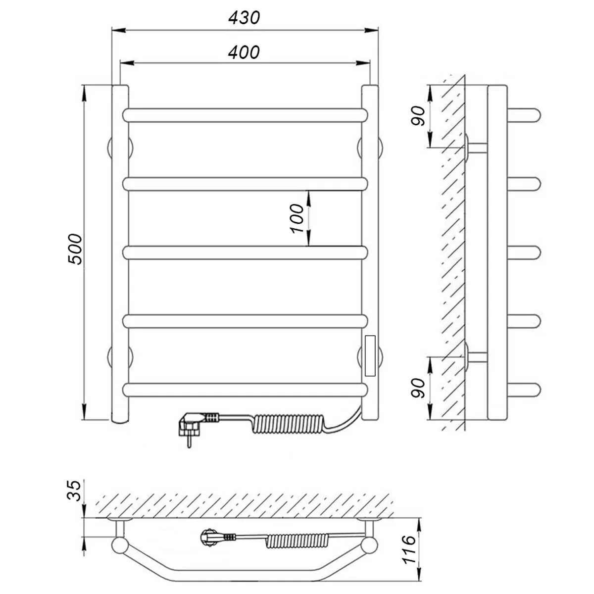 Полотенцесушитель электрический Laris Виктория П5 400х500 с терморегулятором, правый, хром