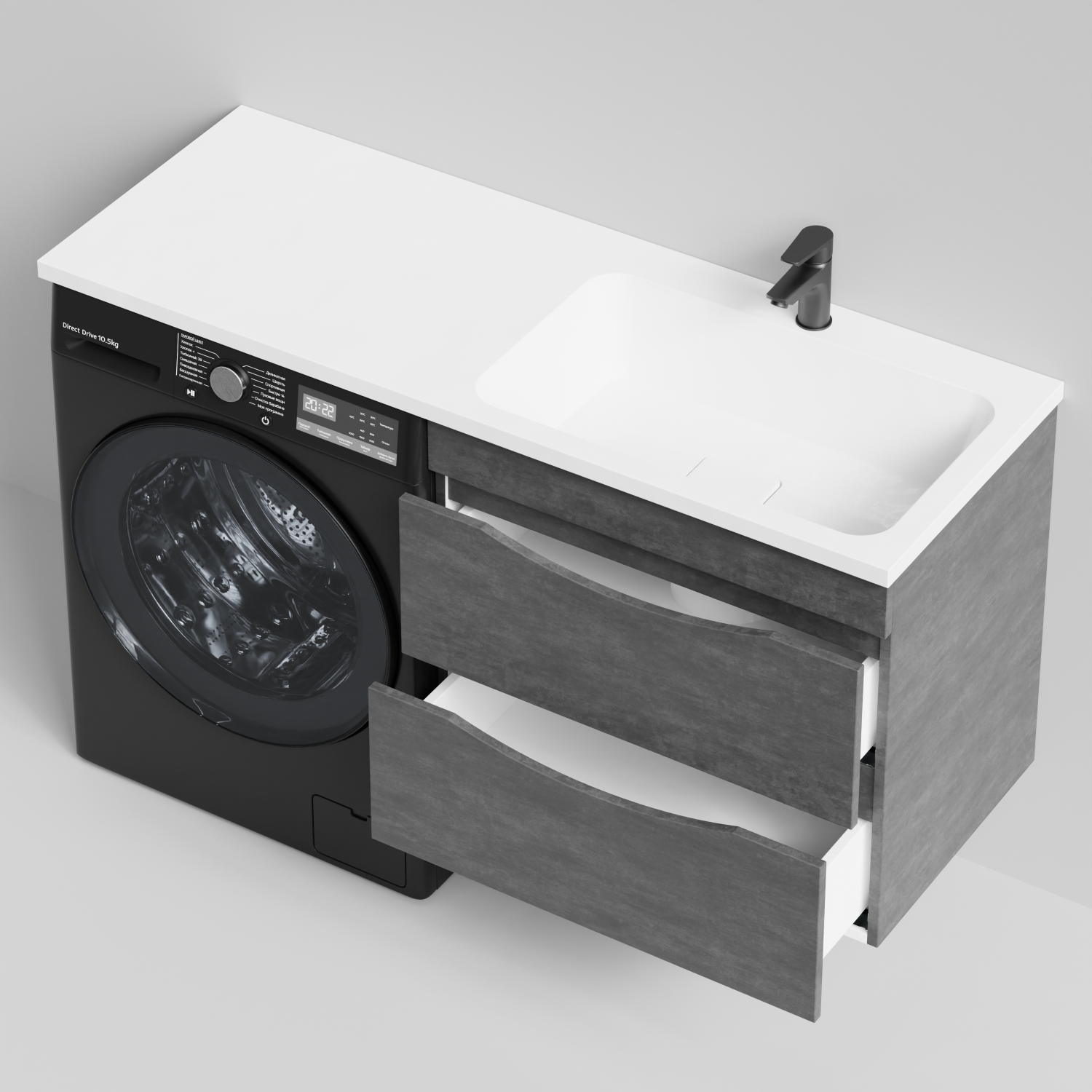 Тумба Vod-ok 68 с раковиной Смайл 130 подвесная, под стиральную машину, правая, Серый камень