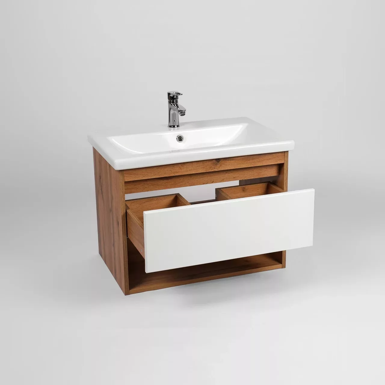 Тумба подвесная Viant Бостон 80 с раковиной Como 80, 1 ящик, белый/дуб вотан