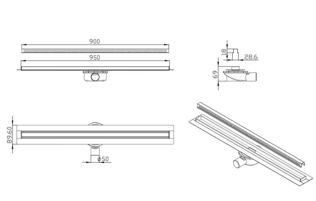 Душевой лоток ALMAes Bajo 900 BG90CH с решеткой, хром